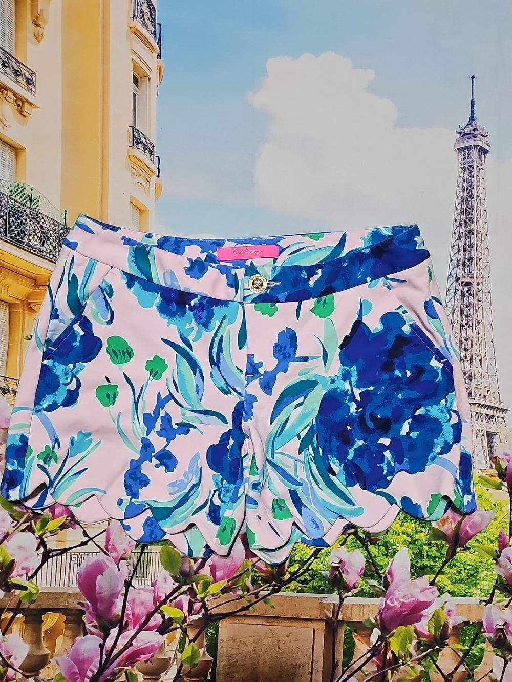 Lilly Pulitzer Pink Floral Scallop Hem Shorts with Blue & Green Print Size 0